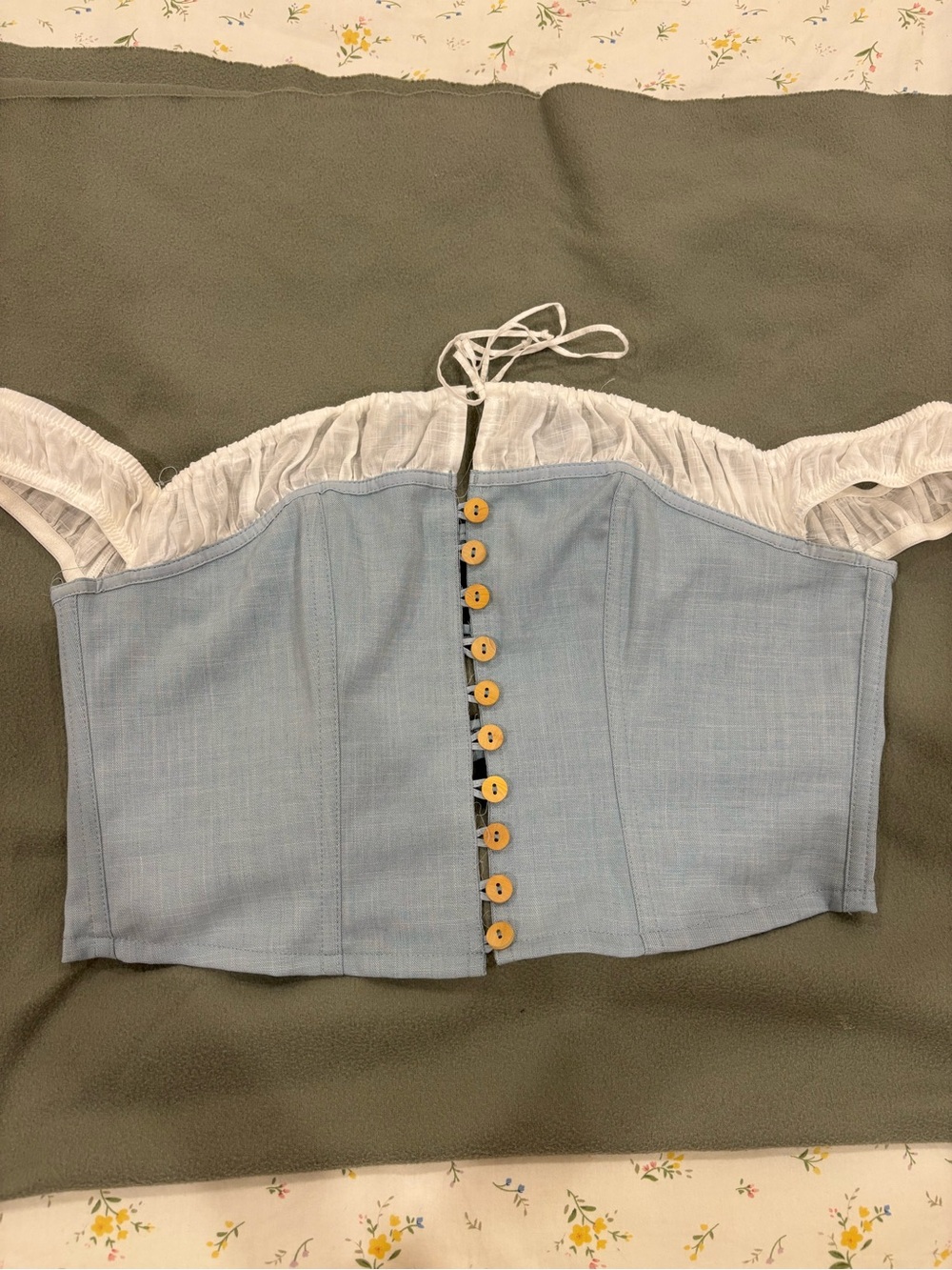 Urban Outfitters Light Blue Off-Shoulder Corset Crop Top with White Ruffle